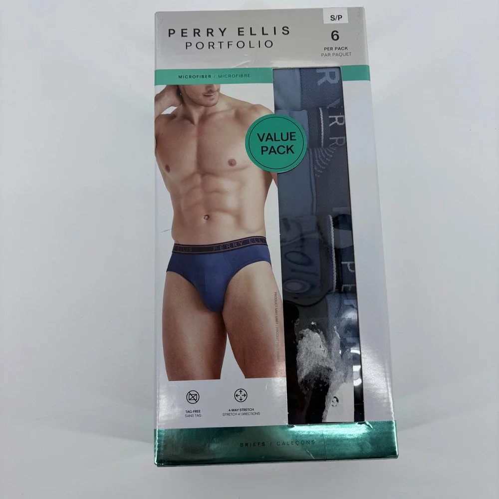 Perry Ellis Mens Briefs Microfiber Blue 6 Pack Small 28-30 4-Way Stretch